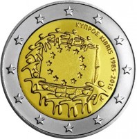 obverse of 2 Euro - 30th Anniversary to European Union flag (2015) coin with KM# 102 from Cyprus. Inscription: ΚΥΠΡΟΣ KIBRIS 1985-2015