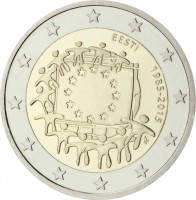Estonia coin 2 Euro - 30th Anniversary to European Union flag (2015) obverse obverse of 2 Euro - 30th Anniversary to European Union flag (2015) coin from Estonia. Inscription: EESTI 1985-2015