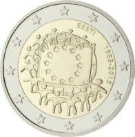 obverse of 2 Euro - 30th Anniversary to European Union flag (2015) coin from Estonia. Inscription: EESTI 1985-2015