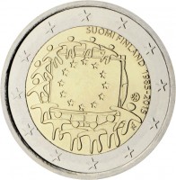 obverse of 2 Euro - 30th Anniversary to European Union flag (2015) coin from Finland. Inscription: SUOMI FINLAND 1985-2015