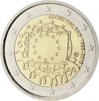 Finland coin 2 Euro - 30th Anniversary to European Union flag (2015) obverse obverse of 2 Euro - 30th Anniversary to European Union flag (2015) coin from Finland. Inscription: SUOMI FINLAND 1985-2015