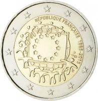 obverse of 2 Euro - 30th Anniversary to European Union flag (2015) coin with KM# 2192 from France. Inscription: RÉPUBLIQUE FRANÇAISE 1985-2015