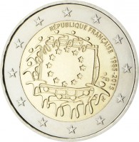 France coin 2 Euro - 30th Anniversary to European Union flag (2015) obverse obverse of 2 Euro - 30th Anniversary to European Union flag (2015) coin with KM# 2192 from France. Inscription: RÉPUBLIQUE FRANÇAISE 1985-2015