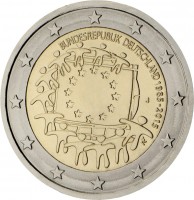 Germany coin 2 Euro - 30th Anniversary to European Union flag (2015) obverse obverse of 2 Euro - 30th Anniversary to European Union flag (2015) coin with KM# 339 from Germany. Inscription: BUNDESREPUBLIK DEUTSCHLAND 1985-2015