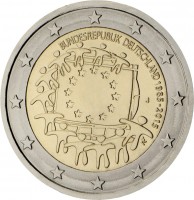 obverse of 2 Euro - 30th Anniversary to European Union flag (2015) coin with KM# 339 from Germany. Inscription: BUNDESREPUBLIK DEUTSCHLAND 1985-2015