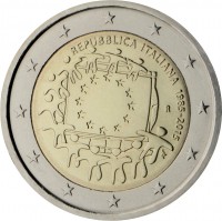 obverse of 2 Euro - 30th Anniversary to European Union flag (2015) coin with KM# 382 from Italy. Inscription: REPUBBLICA ITALIANA 1985-2015