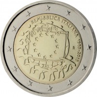 Italy coin 2 Euro - 30th Anniversary to European Union flag (2015) obverse obverse of 2 Euro - 30th Anniversary to European Union flag (2015) coin with KM# 382 from Italy. Inscription: REPUBBLICA ITALIANA 1985-2015