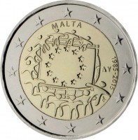 obverse of 2 Euro - 30th Anniversary to European Union flag (2015) coin from Malta. Inscription: MALTA 1985-2015