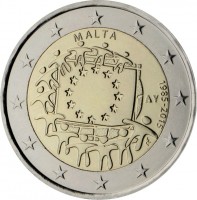 Malta coin 2 Euro - 30th Anniversary to European Union flag (2015) obverse obverse of 2 Euro - 30th Anniversary to European Union flag (2015) coin from Malta. Inscription: MALTA 1985-2015