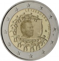 obverse of 2 Euro - Henri I - 30th Anniversary to European Union flag (2015) coin from Luxembourg. Inscription: LËTZEBUERG 1985-2015