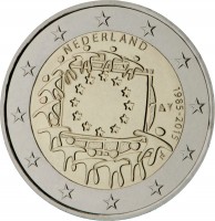 Netherlands coin 2 Euro - Willem-Alexander - 30th Anniversary to European Union flag (2015) obverse obverse of 2 Euro - Willem-Alexander - 30th Anniversary to European Union flag (2015) coin with KM# 357 from Netherlands. Inscription: NEDERLAND 1985-2015