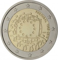 obverse of 2 Euro - 30th Anniversary to European Union flag (2015) coin with KM# 863 from Portugal. Inscription: PORTUGAL 1985-2015 INCM