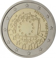 Portugal coin 2 Euro - 30th Anniversary to European Union flag (2015) obverse obverse of 2 Euro - 30th Anniversary to European Union flag (2015) coin with KM# 863 from Portugal. Inscription: PORTUGAL 1985-2015 INCM