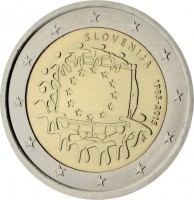 Slovenia coin 2 Euro - 30th Anniversary to European Union flag (2015) obverse obverse of 2 Euro - 30th Anniversary to European Union flag (2015) coin from Slovenia. Inscription: SLOVENIJA 1985-2015