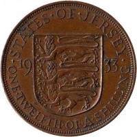 reverse of 1/12 Shilling - George V (1931 - 1935) coin with KM# 16 from Jersey. Inscription: · STATES · OF · JERSEY · 19 33 ONE · TWELFTH · OF · A · SHILLING