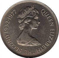Jersey coin 25 Pence - Elizabeth II - 25th Anniversary of Reign of Queen Elizabeth II: Mont Orgueil (1977) obverse obverse of 25 Pence - Elizabeth II - 25th Anniversary of Reign of Queen Elizabeth II: Mont Orgueil (1977) coin with KM# 44 from Jersey. Inscription: QUEEN ELIZABETH THE SECOND 1952-1977