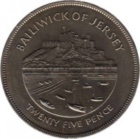 reverse of 25 Pence - Elizabeth II - 25th Anniversary of Reign of Queen Elizabeth II: Mont Orgueil (1977) coin with KM# 44 from Jersey. Inscription: BAILIWICK OF JERSEY TWENTY FIVE PENCE