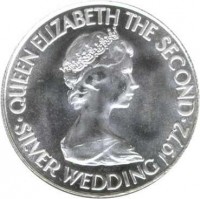 obverse of 50 Pence - Elizabeth II - 25th Anniversary of the Wedding of Queen Elizabeth II and Prince Philip (1972) coin with KM# 35 from Jersey. Inscription: QUEEN ELIZABETH THE SECOND · SILVER WEDDING 1972 ·