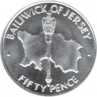 reverse of 50 Pence - Elizabeth II - 25th Anniversary of the Wedding of Queen Elizabeth II and Prince Philip (1972) coin with KM# 35 from Jersey. Inscription: BAILIWICK OF JERSEY · FIFTY PENCE ·