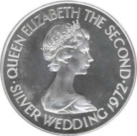 Jersey coin 1 Pound - Elizabeth II - 25th Anniversary of the Wedding of Queen Elizabeth II and Prince Philip (1972) obverse obverse of 1 Pound - Elizabeth II - 25th Anniversary of the Wedding of Queen Elizabeth II and Prince Philip (1972) coin with KM# 36 from Jersey. Inscription: QUEEN ELIZABETH THE SECOND · SILVER WEDDING 1972 ·