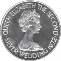 obverse of 1 Pound - Elizabeth II - 25th Anniversary of the Wedding of Queen Elizabeth II and Prince Philip (1972) coin with KM# 36 from Jersey. Inscription: QUEEN ELIZABETH THE SECOND · SILVER WEDDING 1972 ·