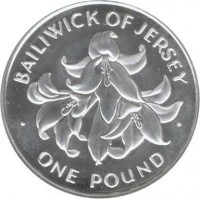 reverse of 1 Pound - Elizabeth II - 25th Anniversary of the Wedding of Queen Elizabeth II and Prince Philip (1972) coin with KM# 36 from Jersey. Inscription: BAILIWICK OF JERSEY · ONE POUND ·