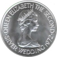 obverse of 2 Pounds - Elizabeth II - 25th Anniversary of the Wedding of Queen Elizabeth II and Prince Philip (1972) coin with KM# 37 from Jersey. Inscription: QUEEN ELIZABETH THE SECOND · SILVER WEDDING 1972 ·