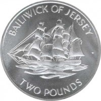 reverse of 2 Pounds - Elizabeth II - 25th Anniversary of the Wedding of Queen Elizabeth II and Prince Philip (1972) coin with KM# 37 from Jersey. Inscription: BAILIWICK OF JERSEY TWO POUNDS ·
