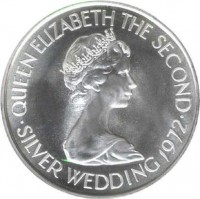 obverse of 2.5 Pounds - Elizabeth II - 25th Anniversary of the Wedding of Queen Elizabeth II and Prince Philip (1972) coin with KM# 38 from Jersey. Inscription: QUEEN ELIZABETH THE SECOND · SILVER WEDDING 1972 ·