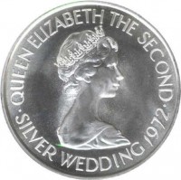 Jersey coin 2.5 Pounds - Elizabeth II - 25th Anniversary of the Wedding of Queen Elizabeth II and Prince Philip (1972) obverse obverse of 2.5 Pounds - Elizabeth II - 25th Anniversary of the Wedding of Queen Elizabeth II and Prince Philip (1972) coin with KM# 38 from Jersey. Inscription: QUEEN ELIZABETH THE SECOND · SILVER WEDDING 1972 ·