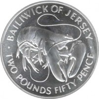 reverse of 2.5 Pounds - Elizabeth II - 25th Anniversary of the Wedding of Queen Elizabeth II and Prince Philip (1972) coin with KM# 38 from Jersey. Inscription: BAILIWICK OF JERSEY · TWO POUNDS FIFTY PENCE ·