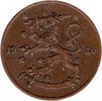 obverse of 5 Penniä (1918 - 1940) coin with KM# 22 from Finland. Inscription: 19 20
