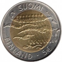 obverse of 5 Euro - 90th Anniversary of Independence (2007) coin with KM# 135 from Finland. Inscription: SUOMI FINLAND 5 €