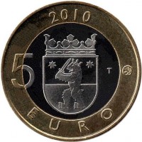 reverse of 5 Euro - Historical Provinces of Finland: Satakunta (2010) coin with KM# 156 from Finland. Inscription: 2010 5 T EURO