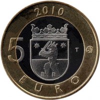 Finland coin 5 Euro - Historical Provinces of Finland: Satakunta (2010) reverse reverse of 5 Euro - Historical Provinces of Finland: Satakunta (2010) coin with KM# 156 from Finland. Inscription: 2010 5 T EURO