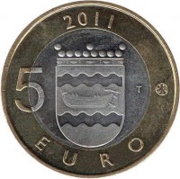 Finland coin 5 Euro - Historical Provinces of Finland: Uusimaa (2011) reverse reverse of 5 Euro - Historical Provinces of Finland: Uusimaa (2011) coin with KM# 160 from Finland. Inscription: 2011 5 T EURO