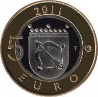 reverse of 5 Euro - Historical Provinces of Finland: Savonia (2011) coin with KM# 162 from Finland. Inscription: 2011 5 T EURO