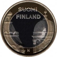 obverse of 5 Euro - Provincial Buildings: Uusimaa, Helsinki and Uspenski Cathedral (2012) coin with KM# 191 from Finland. Inscription: SUOMI FINLAND N