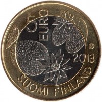 obverse of 5 Euro - Nordic Nature: Summer (2013) coin with KM# 196 from Finland. Inscription: 5 EURO 2013 SOUMI FINLAND