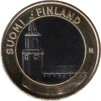 obverse of 5 Euro - Provincial Buildings: Finland Proper Turku Cathedral (2013) coin with KM# 197 from Finland. Inscription: SUOMI FINLAND N