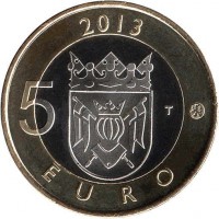 reverse of 5 Euro - Provincial Buildings: Finland Proper Turku Cathedral (2013) coin with KM# 197 from Finland. Inscription: 2013 5 T EURO