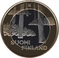 obverse of 5 Euro - Provincial Buildings: Satakunta Sammallahdenmaki (2013) coin with KM# 198 from Finland. Inscription: N SUOMI FINLAND