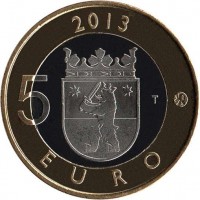 reverse of 5 Euro - Provincial Buildings: Satakunta Sammallahdenmaki (2013) coin with KM# 198 from Finland. Inscription: 2013 5 T EURO