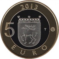 reverse of 5 Euro - Provincial Buildings: Aland Salskar lighthouse (2013) coin with KM# 200 from Finland. Inscription: 2013 5 T EURO