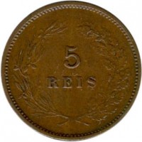 reverse of 5 Réis - Carlos I (1890 - 1906) coin with KM# 530 from Portugal. Inscription: 5 REIS