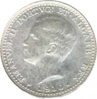 obverse of 100 Réis - Manuel II (1909 - 1910) coin with KM# 548 from Portugal. Inscription: EMANVEL II PORTVG ET ALGARB REX 1910