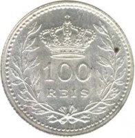 reverse of 100 Réis - Manuel II (1909 - 1910) coin with KM# 548 from Portugal. Inscription: 100 REIS