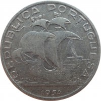 obverse of 10 Escudos (1954 - 1955) coin with KM# 586 from Portugal. Inscription: REPUBLICA PORTUGUESA 1954