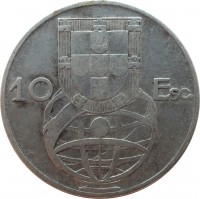 reverse of 10 Escudos (1954 - 1955) coin with KM# 586 from Portugal. Inscription: 10 Esc.
