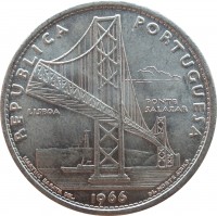 reverse of 20 Escudos - Opening of Salazar Bridge (1966) coin with KM# 592 from Portugal. Inscription: REPUBLICA PORTUGUESA LISBOA PONTE SALAZAR 1966 MARTINS BARATA DEL.